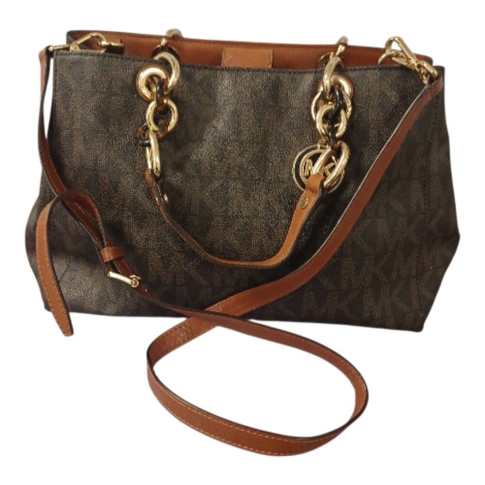 Michael Kors Brown Cynthia Convertible Saffiano Leather Crossbody Satchel Bag - Picture 4 of 12